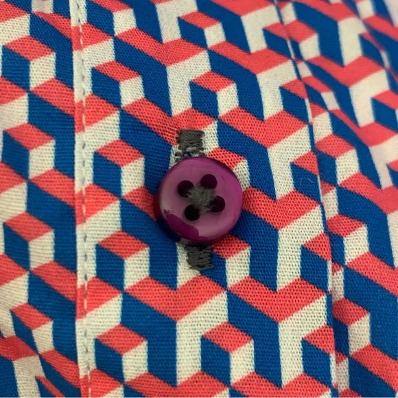 NWT COTON DOUX Paris Geo Print Button Front Shirt Cotton Poplin Pink Navy Blue - Picture 11 of 15